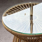 Rattan Round End Table with Hollow Drum Design & Glass Tabletop for Patio, Beige