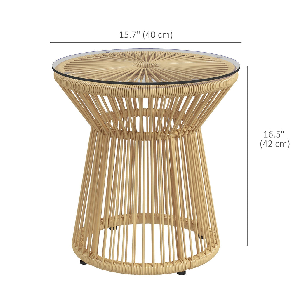 Rattan Round End Table with Hollow Drum Design & Glass Tabletop for Patio, Beige