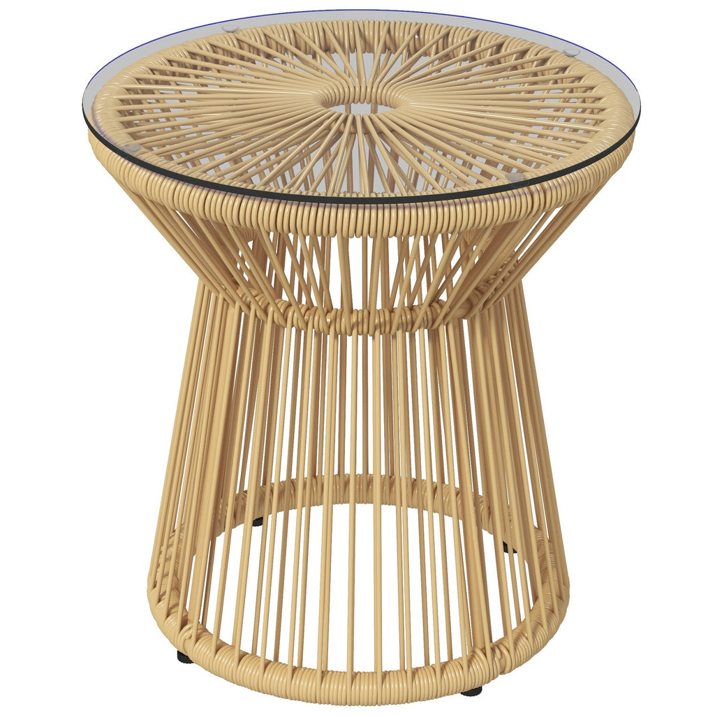 Rattan Round End Table with Hollow Drum Design & Glass Tabletop for Patio, Beige