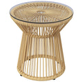 Rattan Round End Table with Hollow Drum Design & Glass Tabletop for Patio, Beige