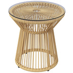 Rattan Round End Table with Hollow Drum Design & Glass Tabletop for Patio, Beige