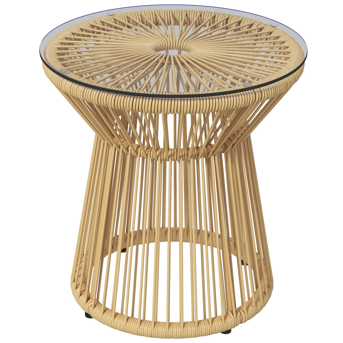 Rattan Round End Table with Hollow Drum Design & Glass Tabletop for Patio, Beige
