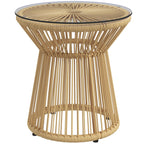 Rattan Round End Table with Hollow Drum Design & Glass Tabletop for Patio, Beige