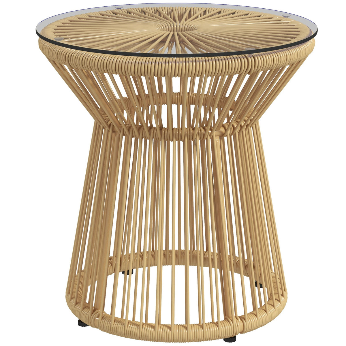 Rattan Round End Table with Hollow Drum Design & Glass Tabletop for Patio, Beige
