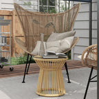 Rattan Round End Table with Hollow Drum Design & Glass Tabletop for Patio, Beige
