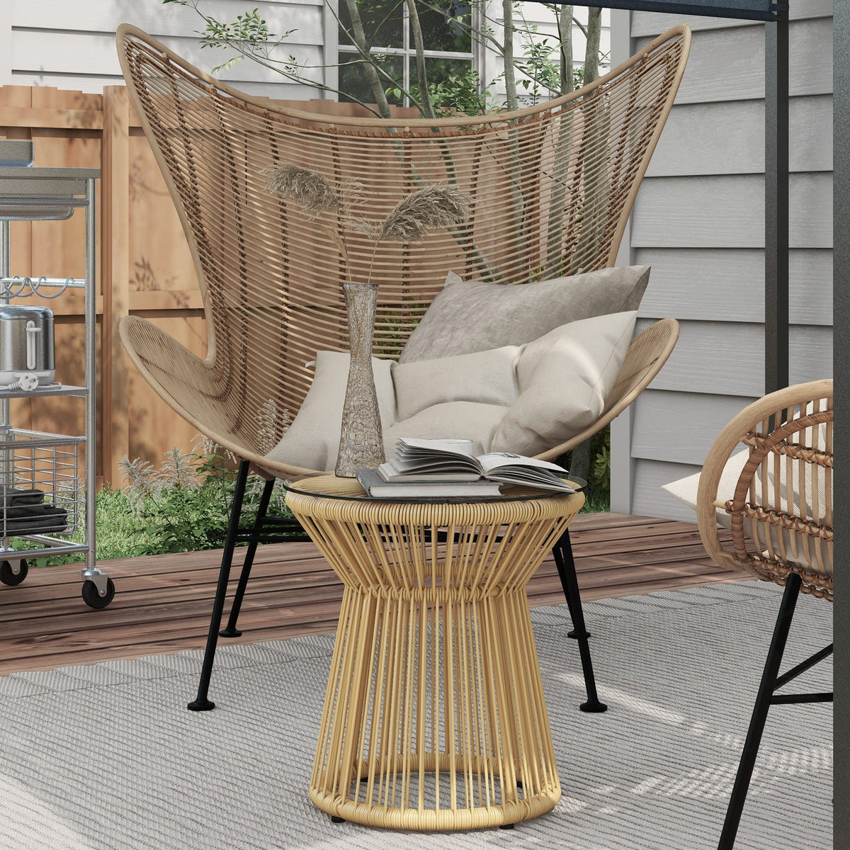 Rattan Round End Table with Hollow Drum Design & Glass Tabletop for Patio, Beige