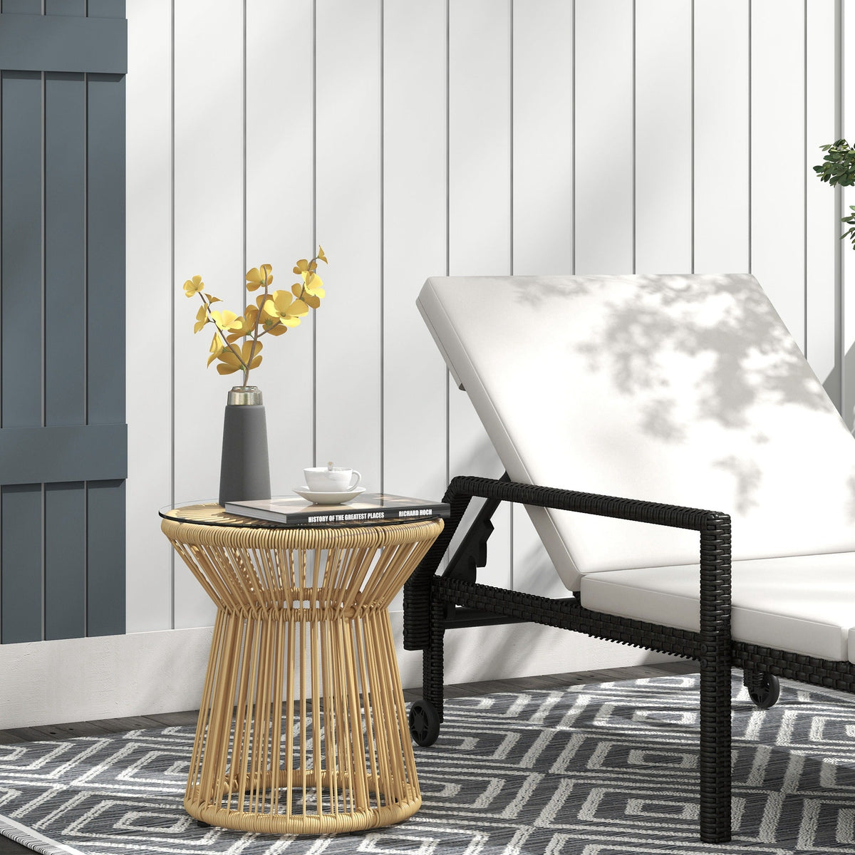 Rattan Round End Table with Hollow Drum Design & Glass Tabletop for Patio, Beige