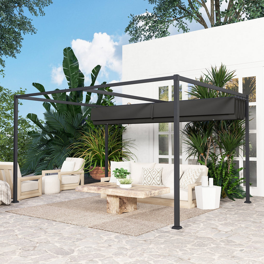 4 x 3m Aluminium Garden Pergola with Retractable Roof & Grommet Holes for Patio, Lawn, Black