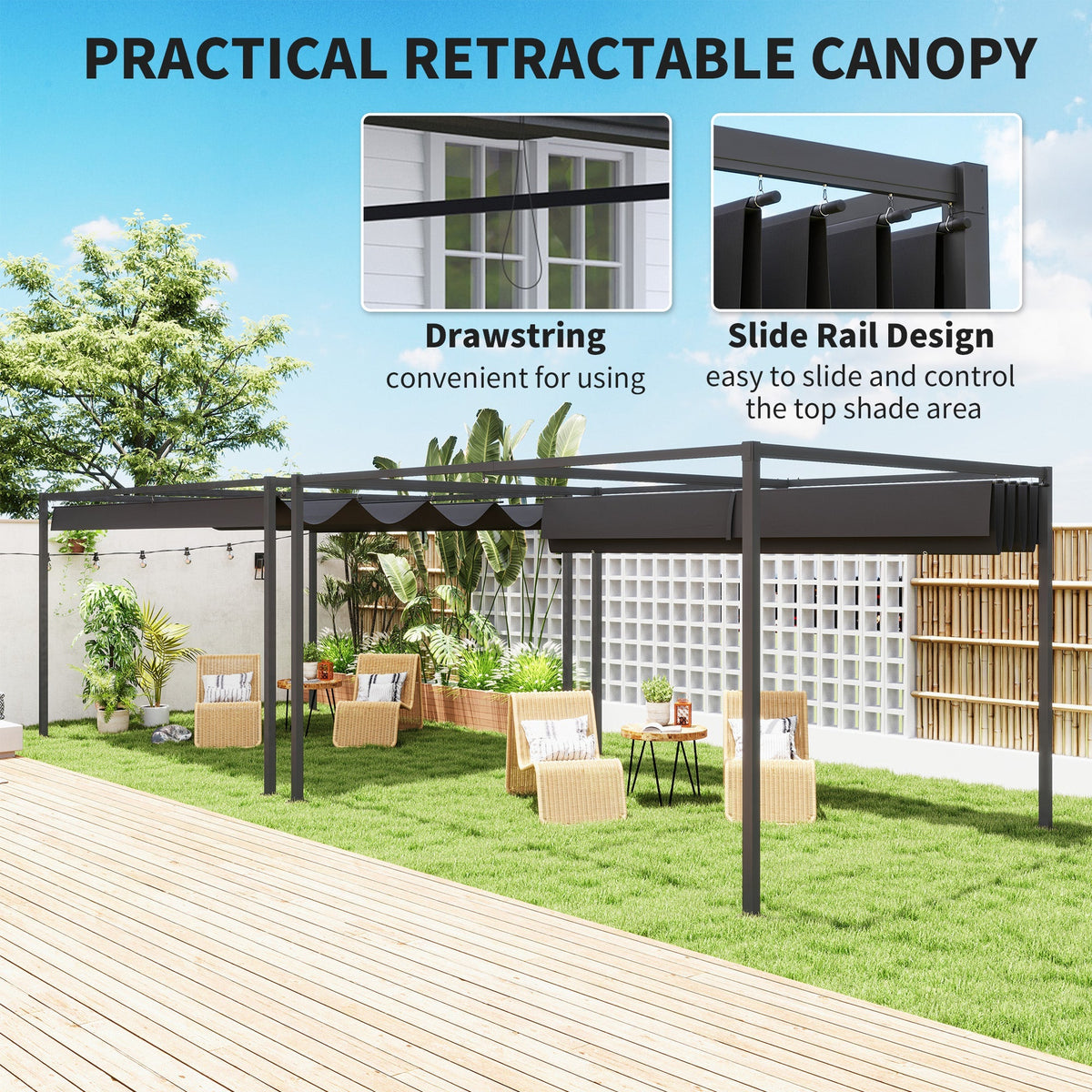 4 x 3m Aluminium Garden Pergola with Retractable Roof & Grommet Holes for Patio, Lawn, Black