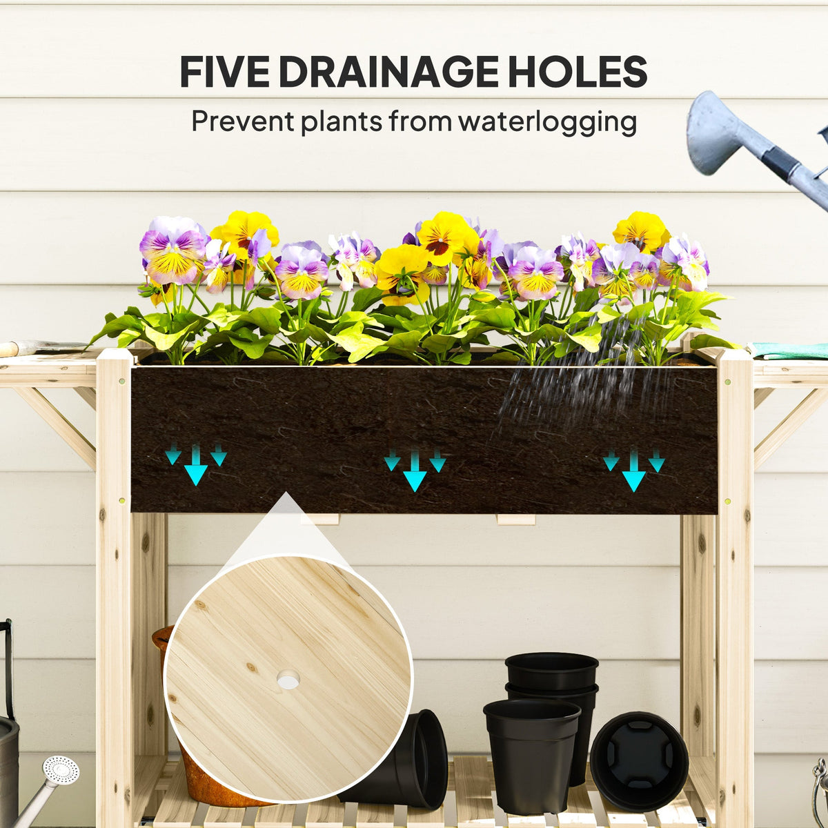 Elevated Wood Raised Garden Bed with Lockable Wheels & Foldable Side Tables, Natural