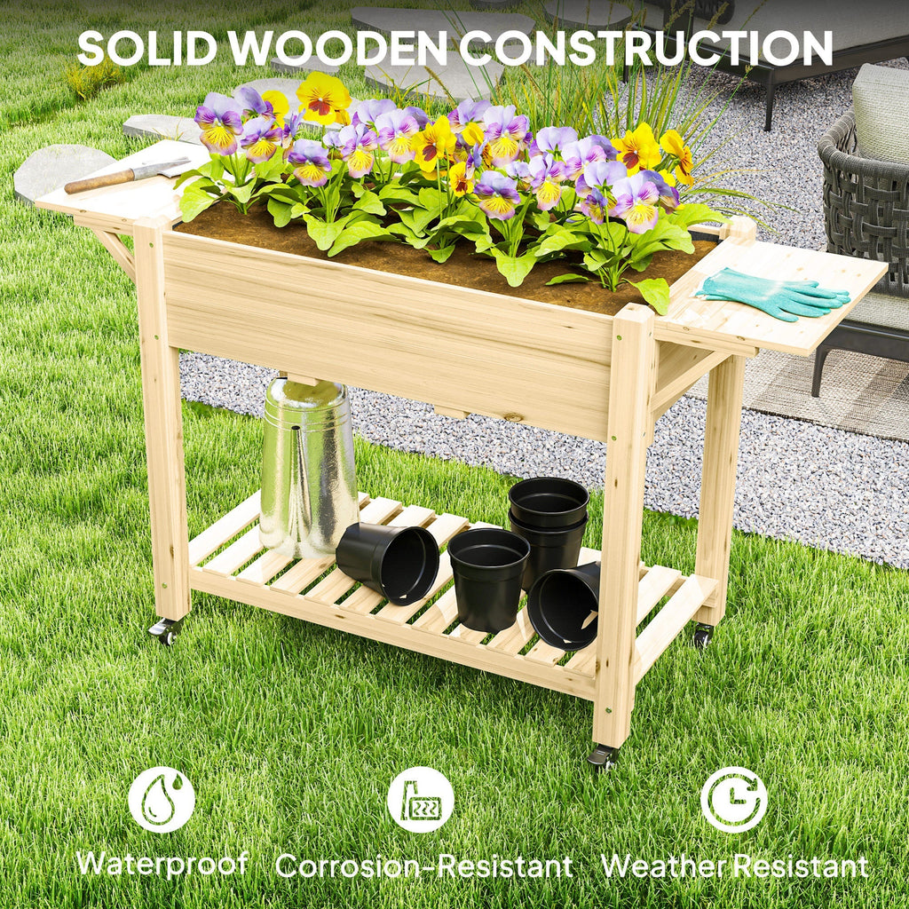 Wooden Elevated Planter Box with Lockable Wheels, Side Tables and Bottom Shelf, Natural