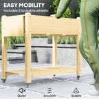 Wooden Elevated Planter Box with Lockable Wheels, Side Tables and Bottom Shelf, Natural