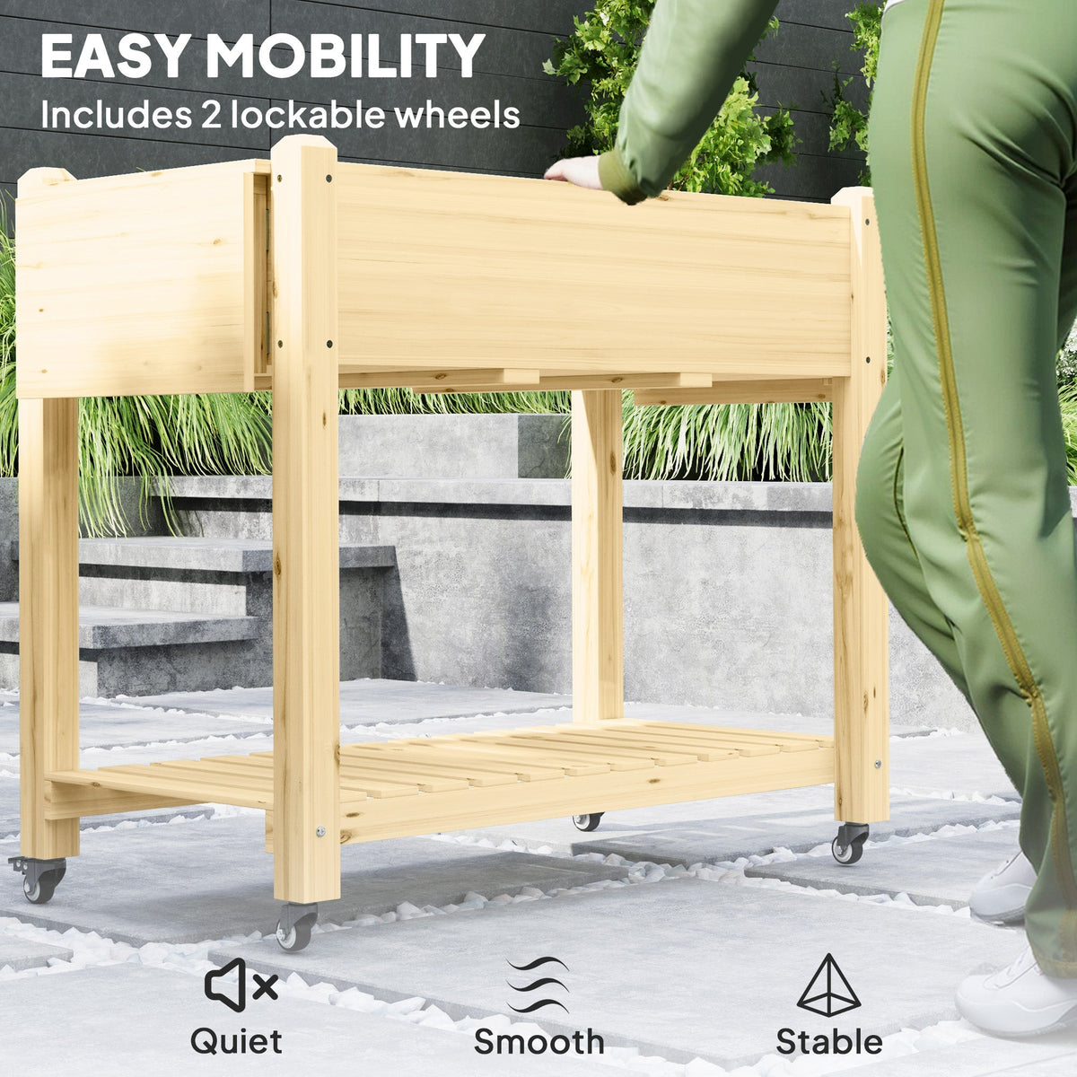 Wooden Elevated Planter Box with Lockable Wheels, Side Tables and Bottom Shelf, Natural