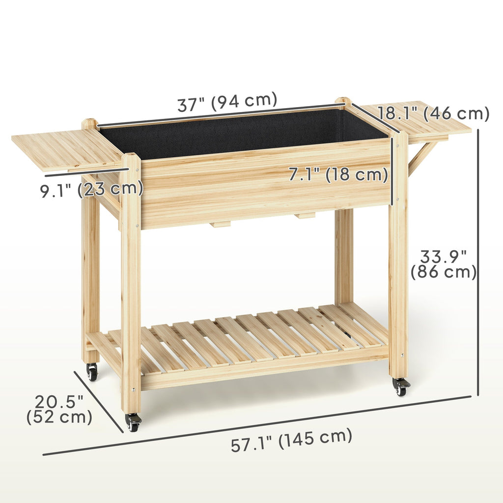 Elevated Wood Raised Garden Bed with Lockable Wheels & Foldable Side Tables, Natural