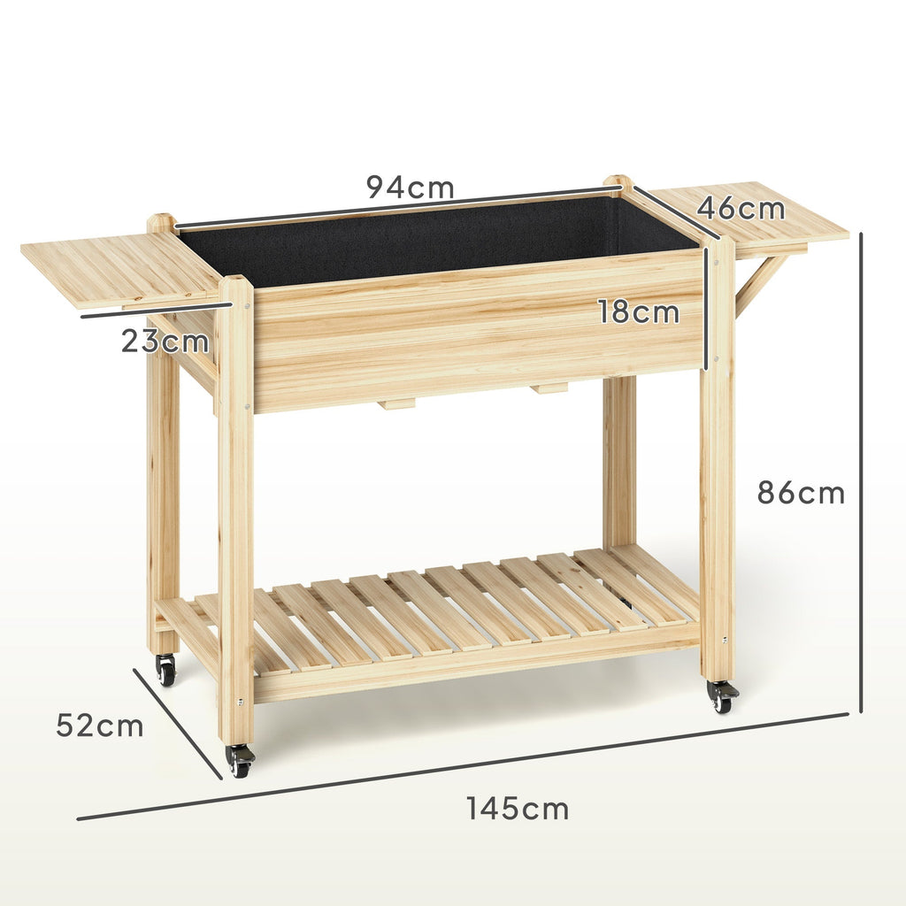 Wooden Elevated Planter Box with Lockable Wheels, Side Tables and Bottom Shelf, Natural