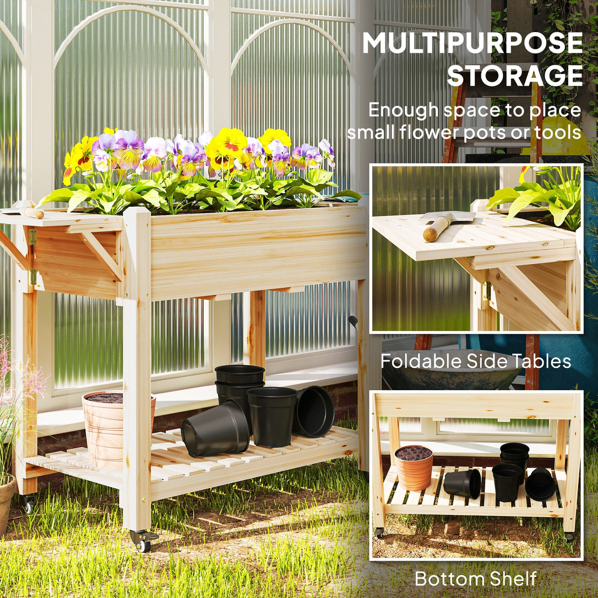 Wooden Elevated Planter Box with Lockable Wheels, Side Tables and Bottom Shelf, Natural