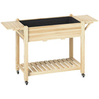 Wooden Elevated Planter Box with Lockable Wheels, Side Tables and Bottom Shelf, Natural