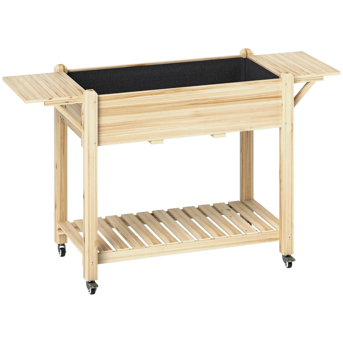Wooden Elevated Planter Box with Lockable Wheels, Side Tables and Bottom Shelf, Natural