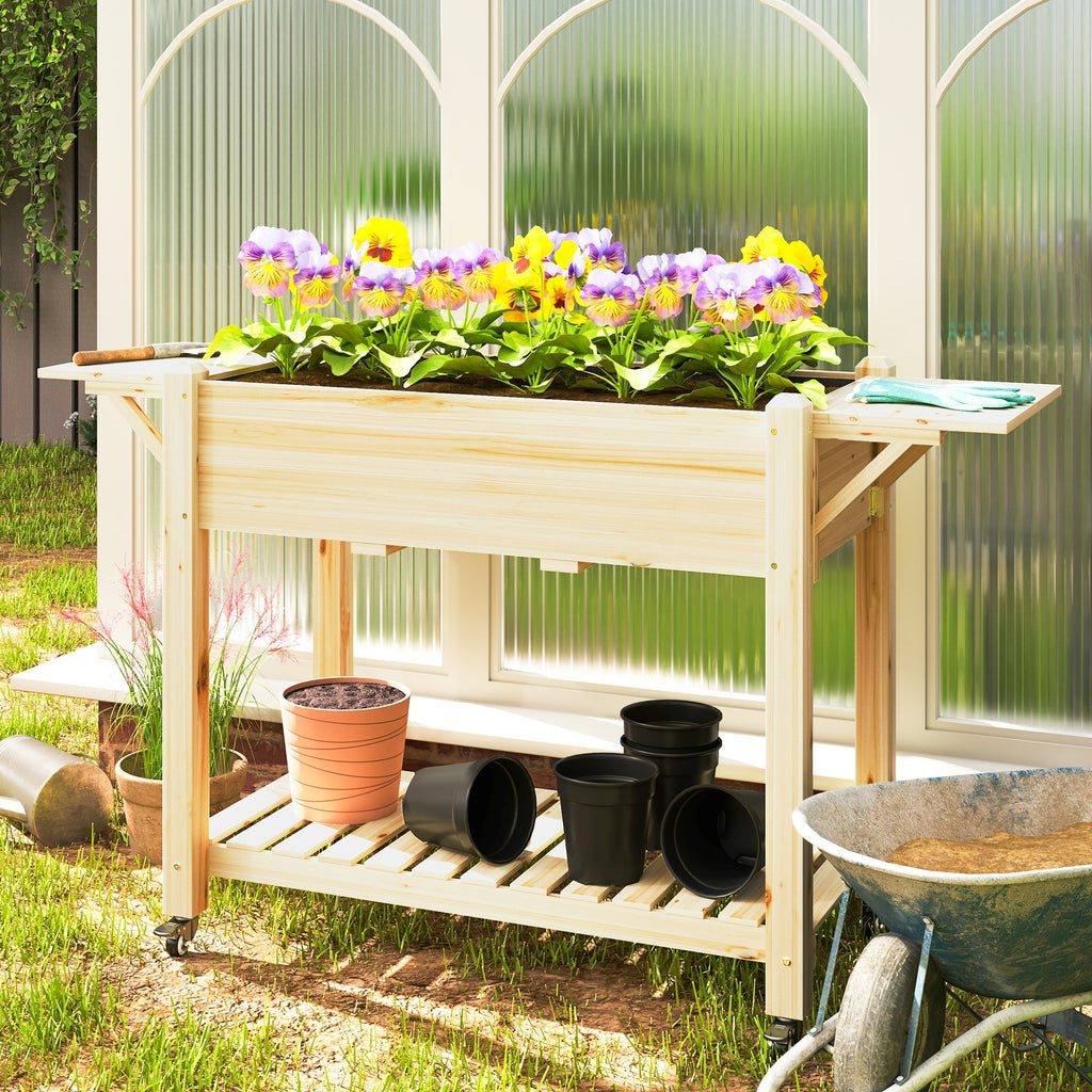 Wooden Elevated Planter Box with Lockable Wheels, Side Tables and Bottom Shelf, Natural