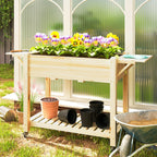 Wooden Elevated Planter Box with Lockable Wheels, Side Tables and Bottom Shelf, Natural