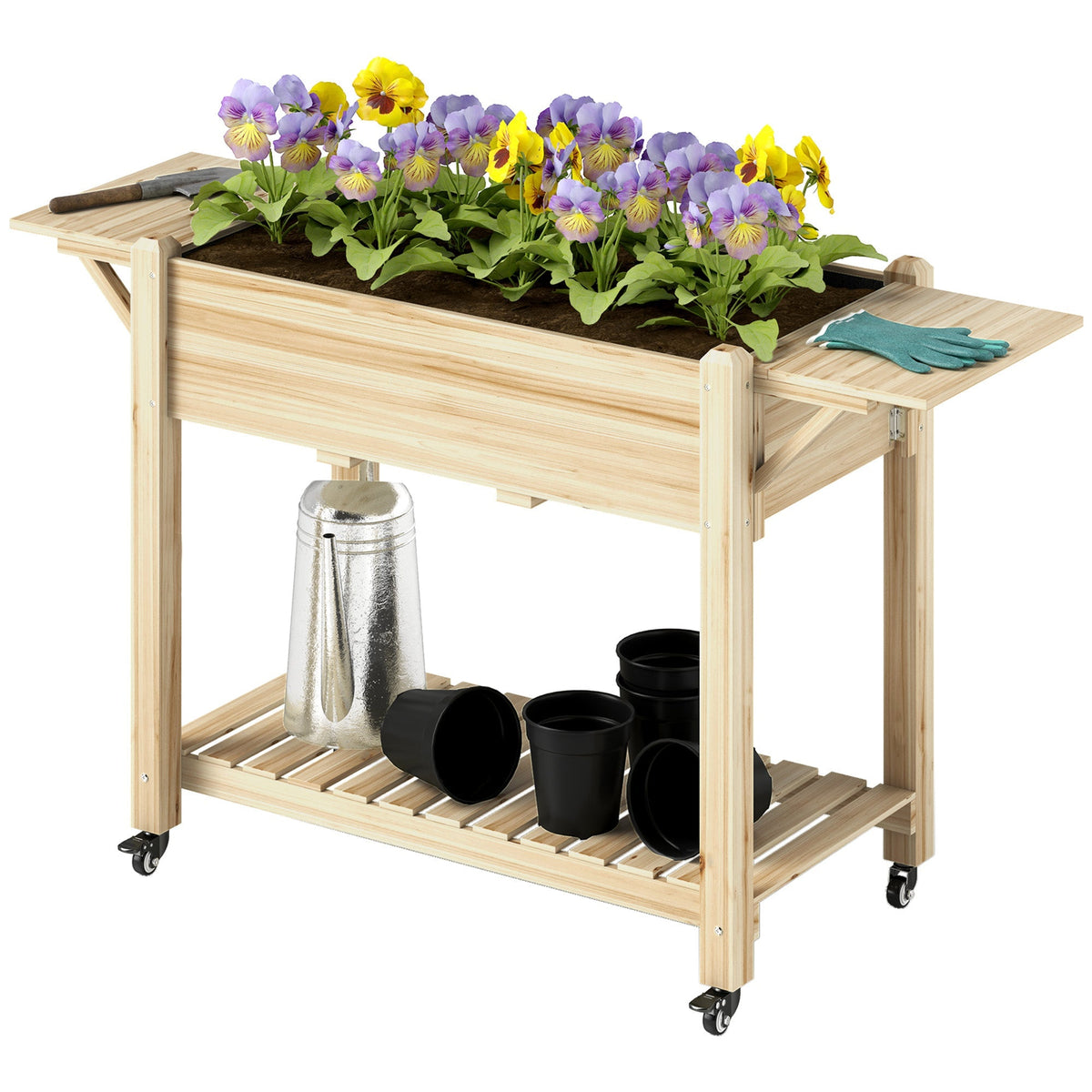 Wooden Elevated Planter Box with Lockable Wheels, Side Tables and Bottom Shelf, Natural