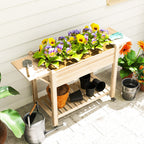 Wooden Elevated Planter Box with Lockable Wheels, Side Tables and Bottom Shelf, Natural