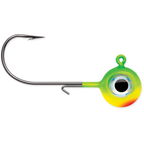 VMC Moon Eye Jigs fishing lure featuring a sharp hook with a vibrant green and yellow jig head designed to attract fish, ideal for fishing tackle and lure setups.