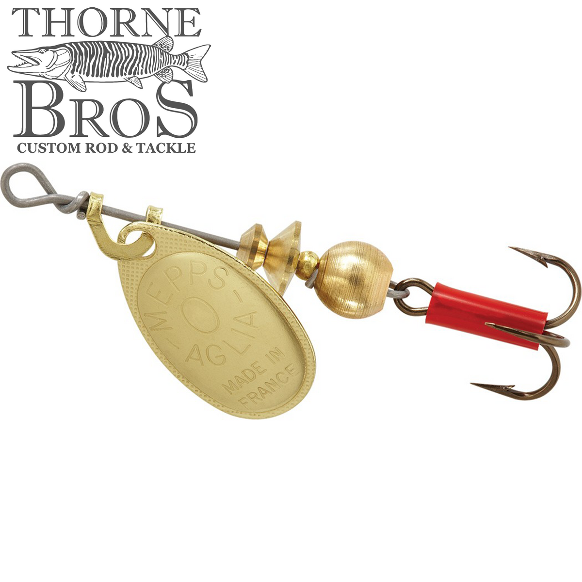 Mepps Aglia Spinner-Plain fishing lure featuring a gold-colored spinner blade and treble hook with red plastic collar, designed for effective fishing tackle use.