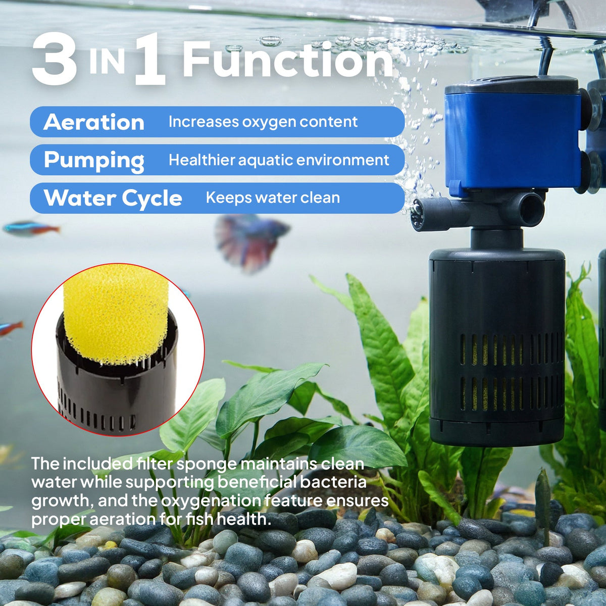 Aqua Dream 3in1 Aquarium Internal Filter Water Pump Oxygen 210 GPH