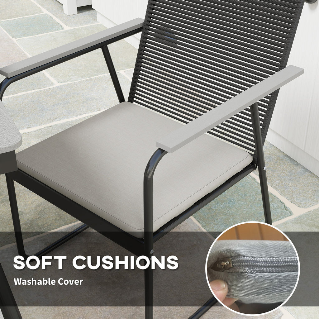 6 Seater Garden Dining Set with Soft Cushions, Rattan Backrest, Rectangular Plastic Top, Garden Furniture Set, Outdoor Dining Table and Chairs for Patio, Balcony, Poolside, Grey