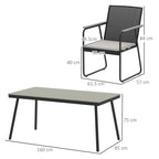 6 Seater Garden Dining Set with Soft Cushions, Rattan Backrest, Rectangular Plastic Top, Garden Furniture Set, Outdoor Dining Table and Chairs for Patio, Balcony, Poolside, Grey