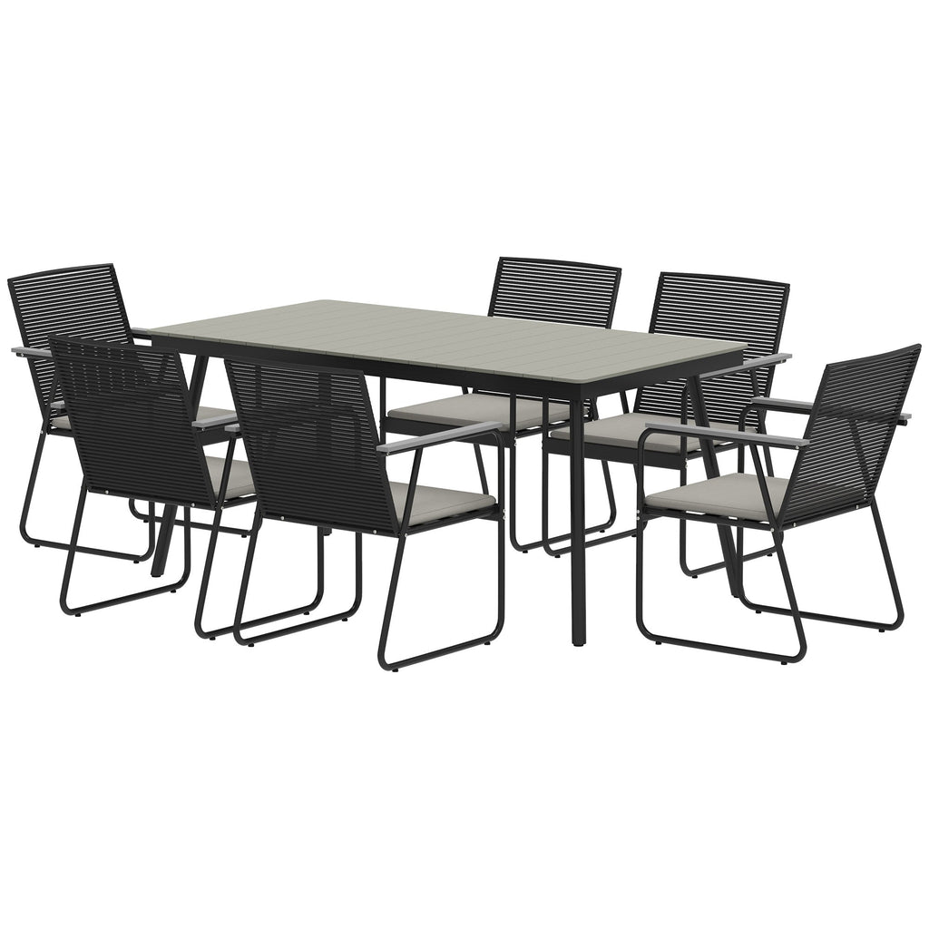6 Seater Garden Dining Set with Soft Cushions, Rattan Backrest, Rectangular Plastic Top, Garden Furniture Set, Outdoor Dining Table and Chairs for Patio, Balcony, Poolside, Grey