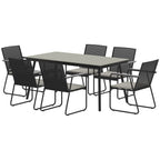 6 Seater Garden Dining Set with Soft Cushions, Rattan Backrest, Rectangular Plastic Top, Garden Furniture Set, Outdoor Dining Table and Chairs for Patio, Balcony, Poolside, Grey