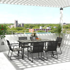 6 Seater Garden Dining Set with Soft Cushions, Rattan Backrest, Rectangular Plastic Top, Garden Furniture Set, Outdoor Dining Table and Chairs for Patio, Balcony, Poolside, Grey