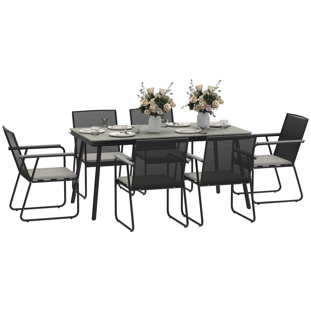 6 Seater Garden Dining Set with Soft Cushions, Rattan Backrest, Rectangular Plastic Top, Garden Furniture Set, Outdoor Dining Table and Chairs for Patio, Balcony, Poolside, Grey