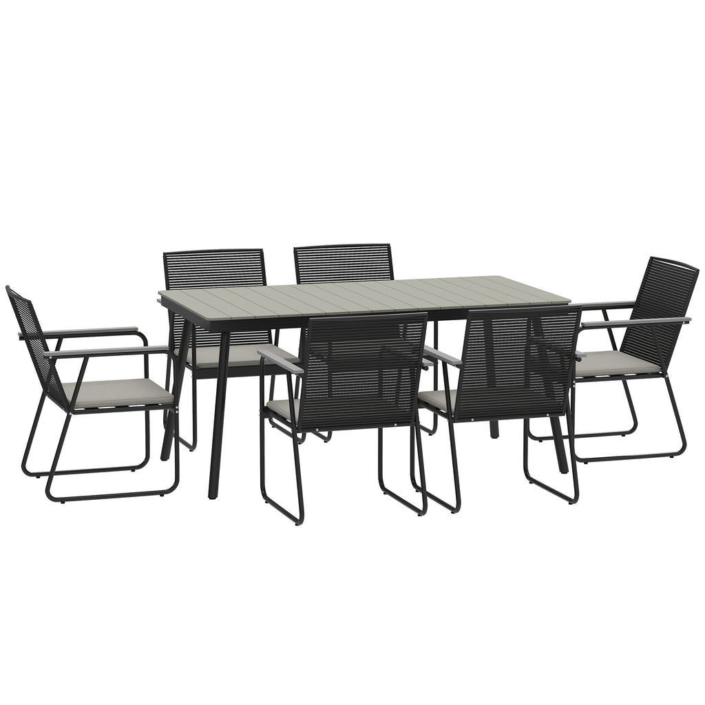 6 Seater Garden Dining Set with Soft Cushions, Rattan Backrest, Rectangular Plastic Top, Garden Furniture Set, Outdoor Dining Table and Chairs for Patio, Balcony, Poolside, Grey