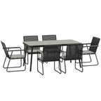 6 Seater Garden Dining Set with Soft Cushions, Rattan Backrest, Rectangular Plastic Top, Garden Furniture Set, Outdoor Dining Table and Chairs for Patio, Balcony, Poolside, Grey