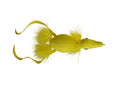 Rainy's Dead Duck fishing lure with bright yellow body, feathered tail, and soft feather accents designed for musky and fly fishing tackle.