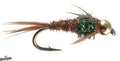 Close-up of a Pheasant Tail GB fishing lure with intricate brown and green feather details and a gold bead head, designed for fly fishing and musky tackle.