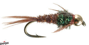 Close-up of a Pheasant Tail GB fishing lure with intricate brown and green feather details and a gold bead head, designed for fly fishing and musky tackle.