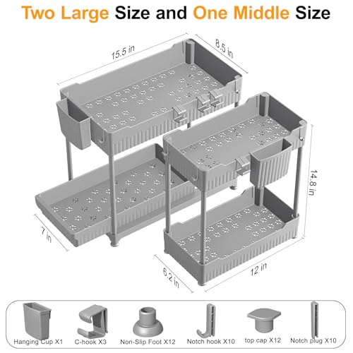 Sevenblue 3-Pack 2-Tier Under Sink Organizers with Sliding Drawers - color: Gray, size: 14.8 Inch
