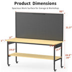 60" Adjustable Height Workbench,9-Level Heavy Duty Work Bench with Storage Shelf Pegboard LED Light & Built-in Power Strip, 2010 lbs Load Capacity Rolling Tool Bench for Garage Workshop