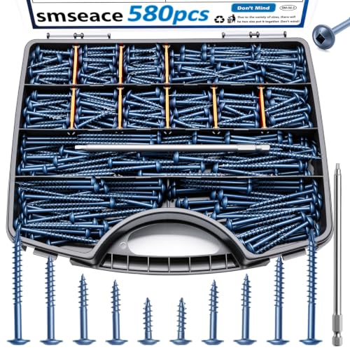 smseace 580Pcs Pocket Hole Screws Assortment Kit #8 x 1, 1-1/4", 1-1/2", 2", 2-1/2" Blue Coated Square Drive Pocket Screws with 150mm Drive Bit Wood Screw Set - color: Blue