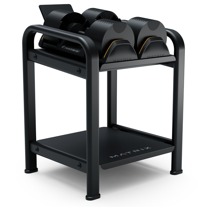 Matrix Adjustable Dumbbell Rack with two dumbbells