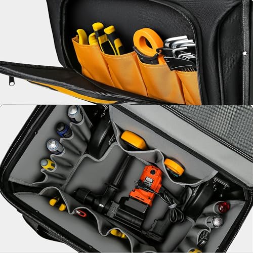 Large Rolling Tool Bag with Big Wheels, Waterproof Roller Tool Box, Big Wheeled Tool Backpack with Multiple Pockets(Yellow, Extra Large)