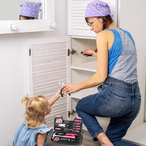 HANGYING 39-Piece Household Tool Set, Pink Tool Kit for Women with Toolbox - color: Pink