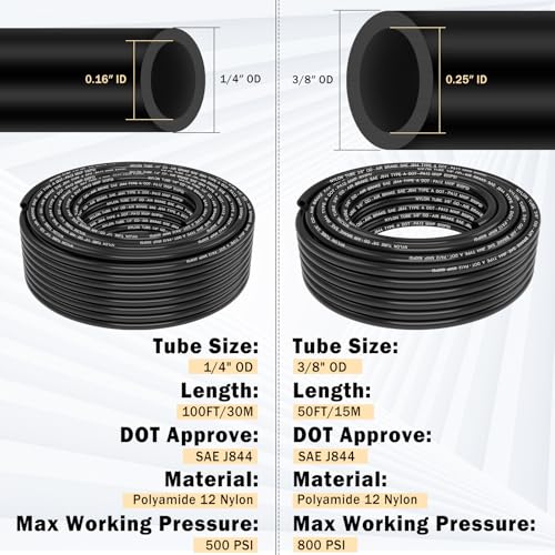 CheeMuii 76 Pcs Brass DOT Air Line Fittings with 1/4" & 3/8" DOT Air Hoses - size: 2ROLL-80PCS-BLACK