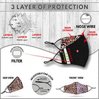 Washable Face Mask with Adjustable Ear Loops & Nose Wire - 3 Layers, Made in USA - color: Leopard Pattern