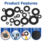 1100Pcs 9 Sizes Black Flat Washers for Screws & Bolts