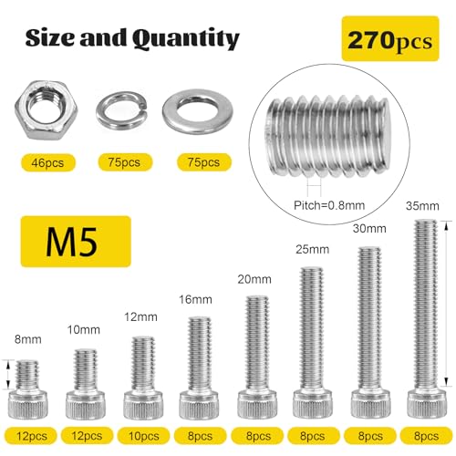 270PCS M5 Socket Screws Assortment Kit, M5x6/8/10/12/16/20/25/30 mm - size: SS M5 270pcs